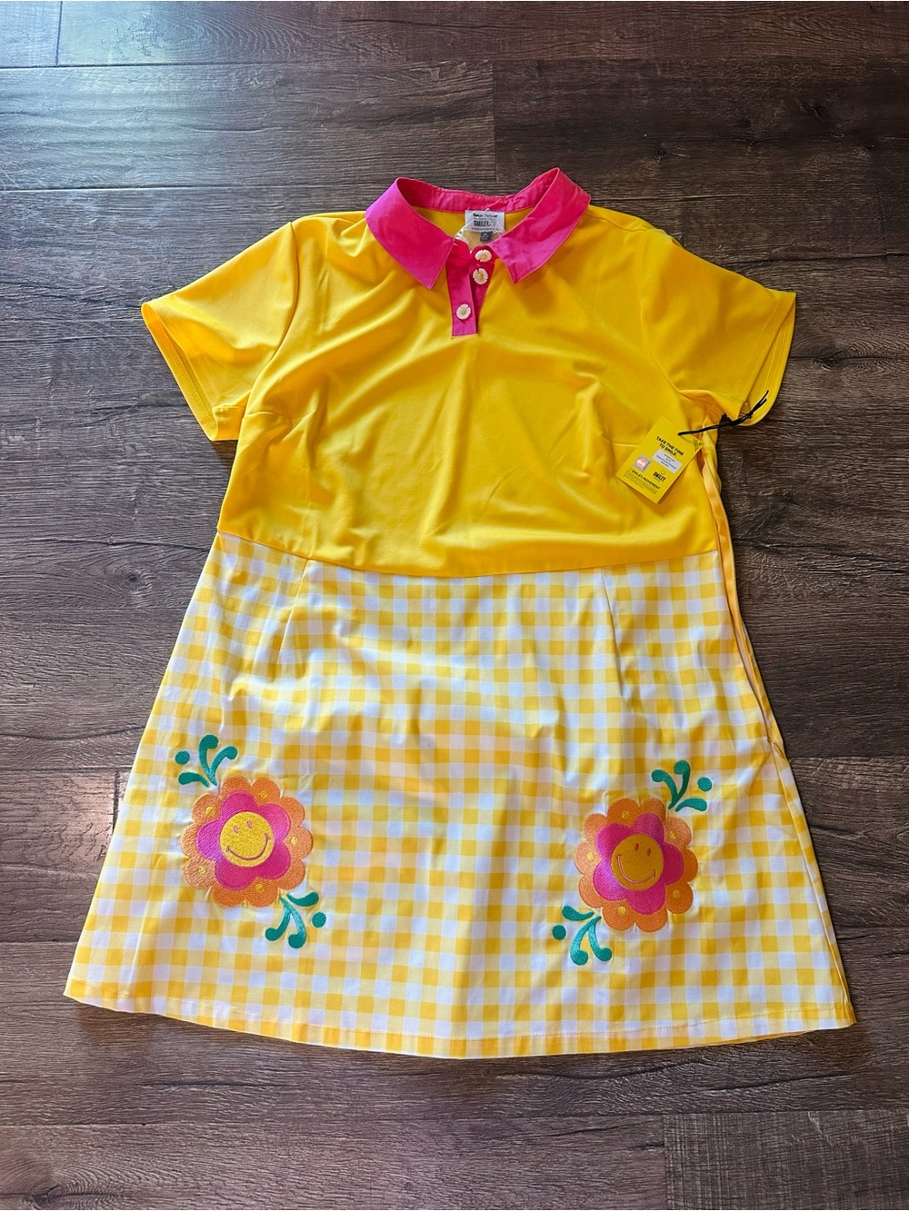Unique Vintage Yellow Gingham Mini Dress with Floral Appliqué - Picture 2 of 6